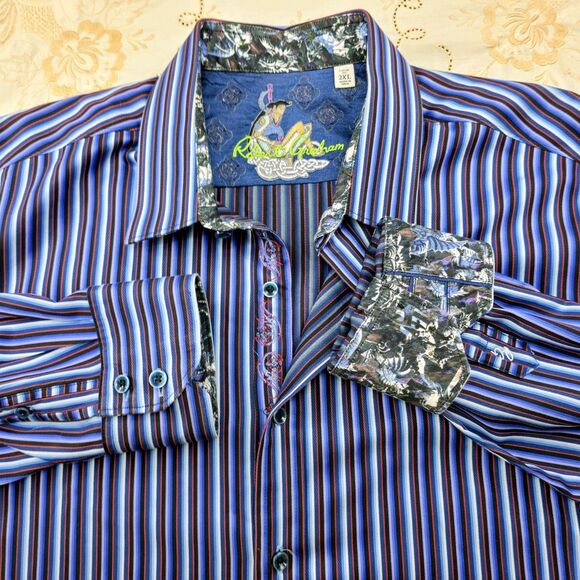 Men's Robert Graham 2XL Striped Purple/Black‎ Front Long Sleeve Flip Cuff $188 - Picture 3 of 13